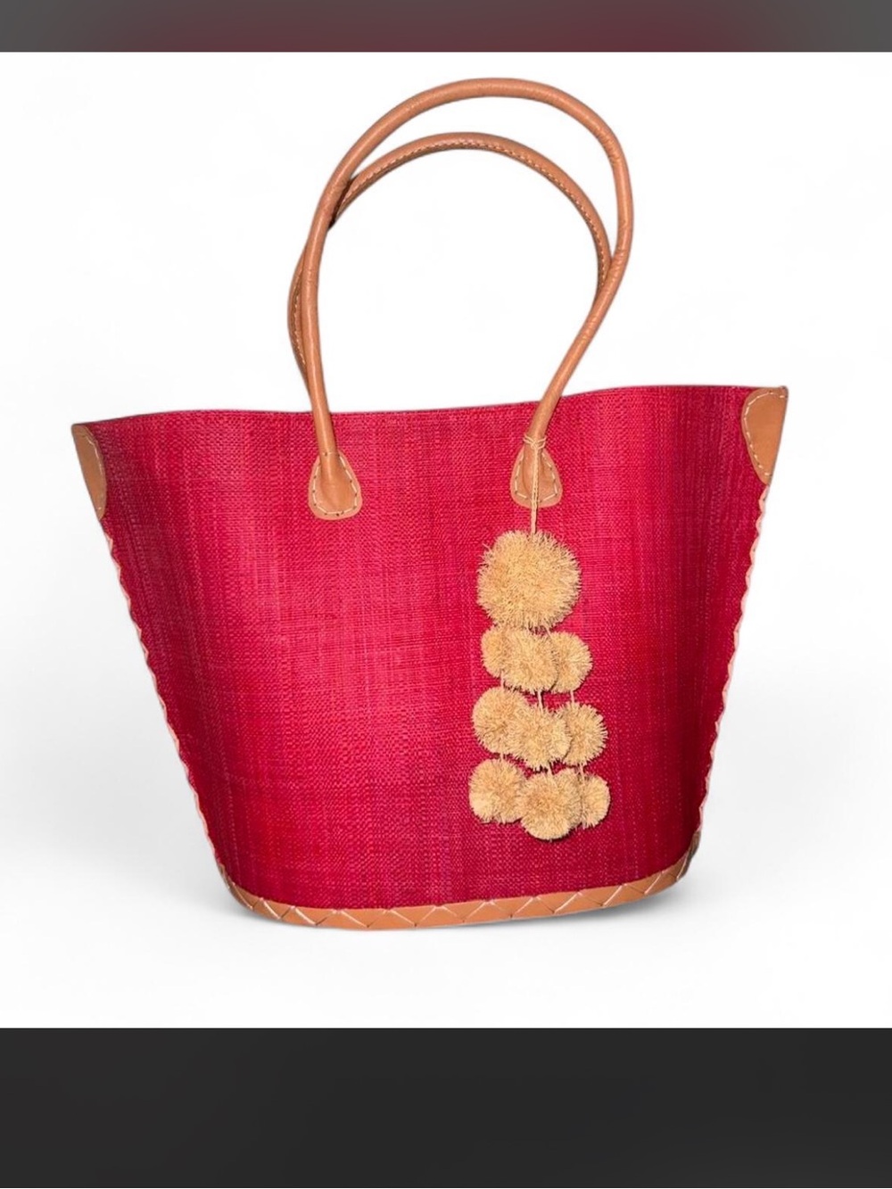 Straw Pom-Pom Tote Bag in Red with Tan Handles